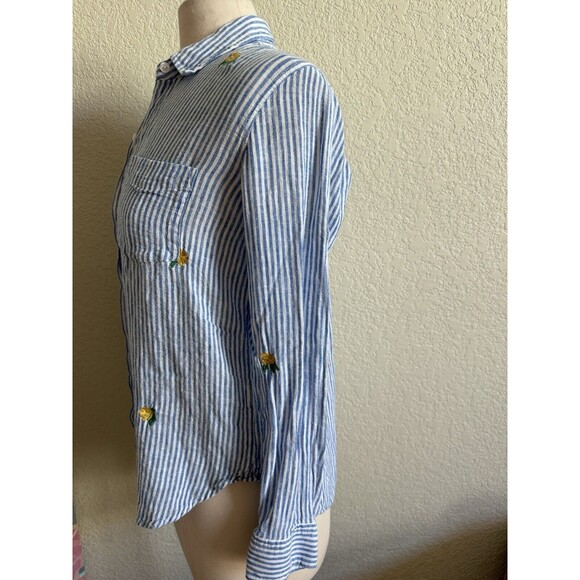 Rails Charli Embroidered Yellow Rose Shirt Blue Stripe Linen Button Down Women S - Picture 2 of 11